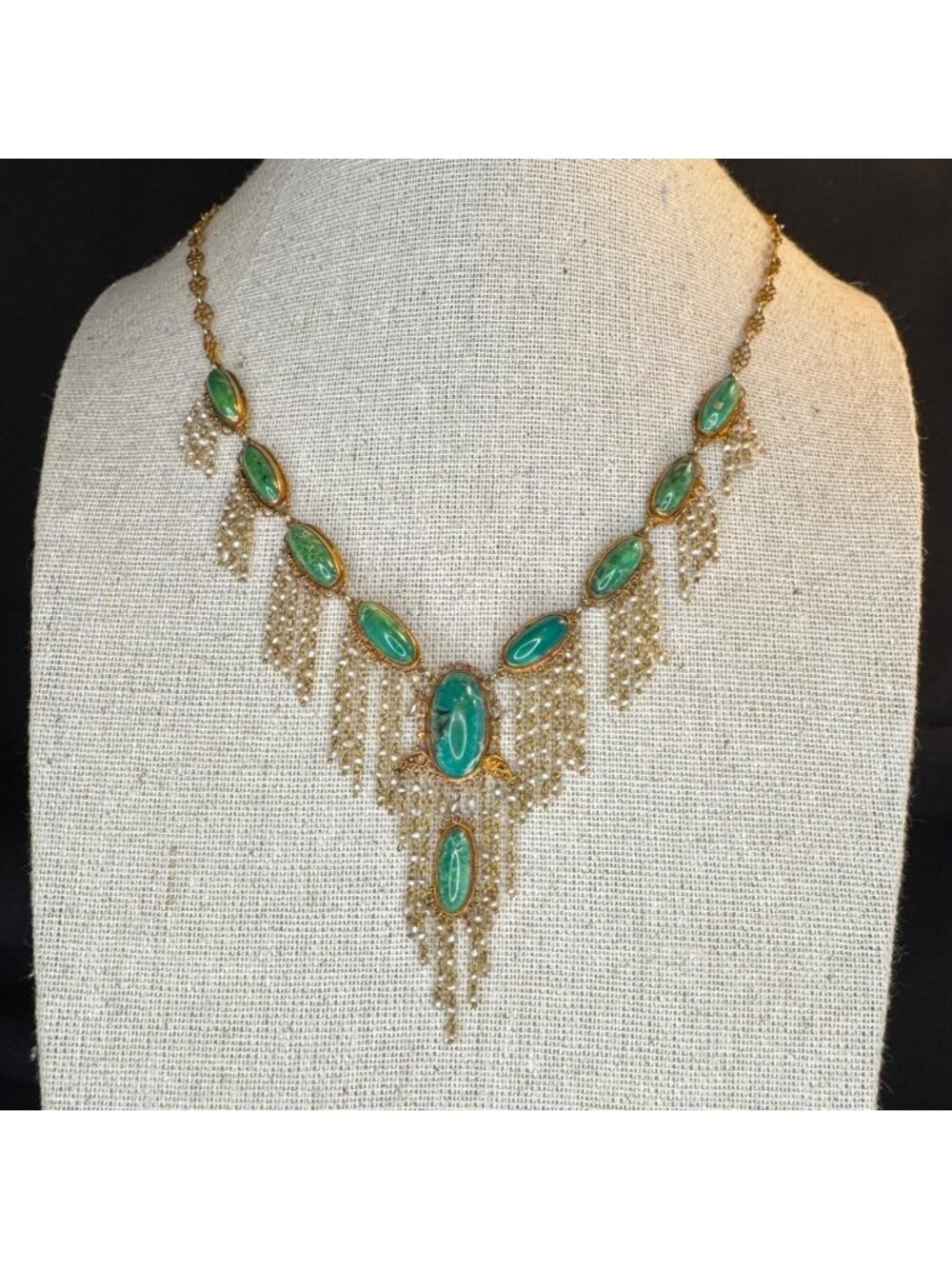 Antique 14k Green Turquoise & Seed Pearl Fringe Necklace 16" Length